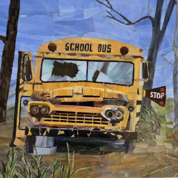 ""Carroll Co. School Bus no.16" stained glass, mixed media mosaic