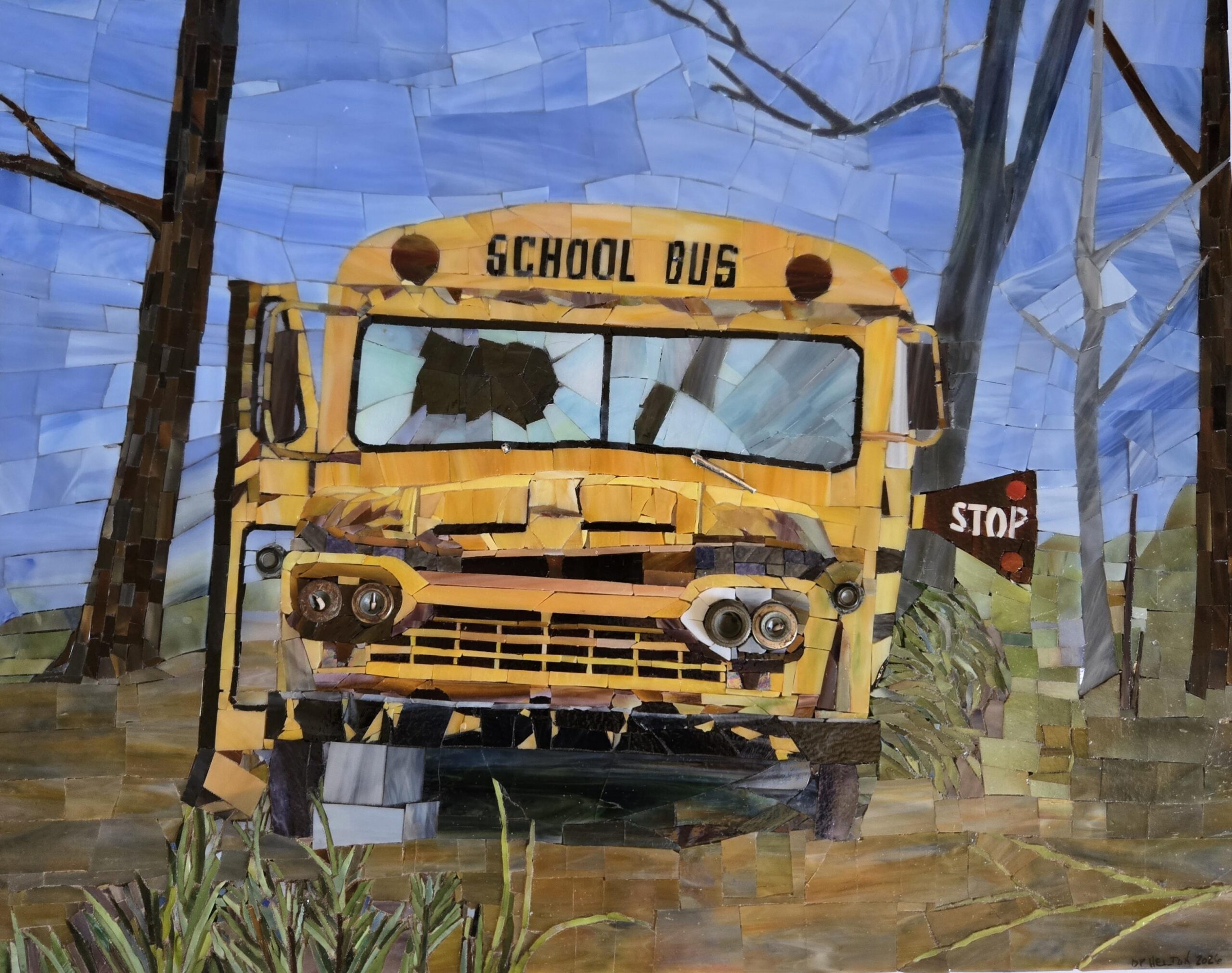 ""Carroll Co. School Bus no.16" stained glass, mixed media mosaic